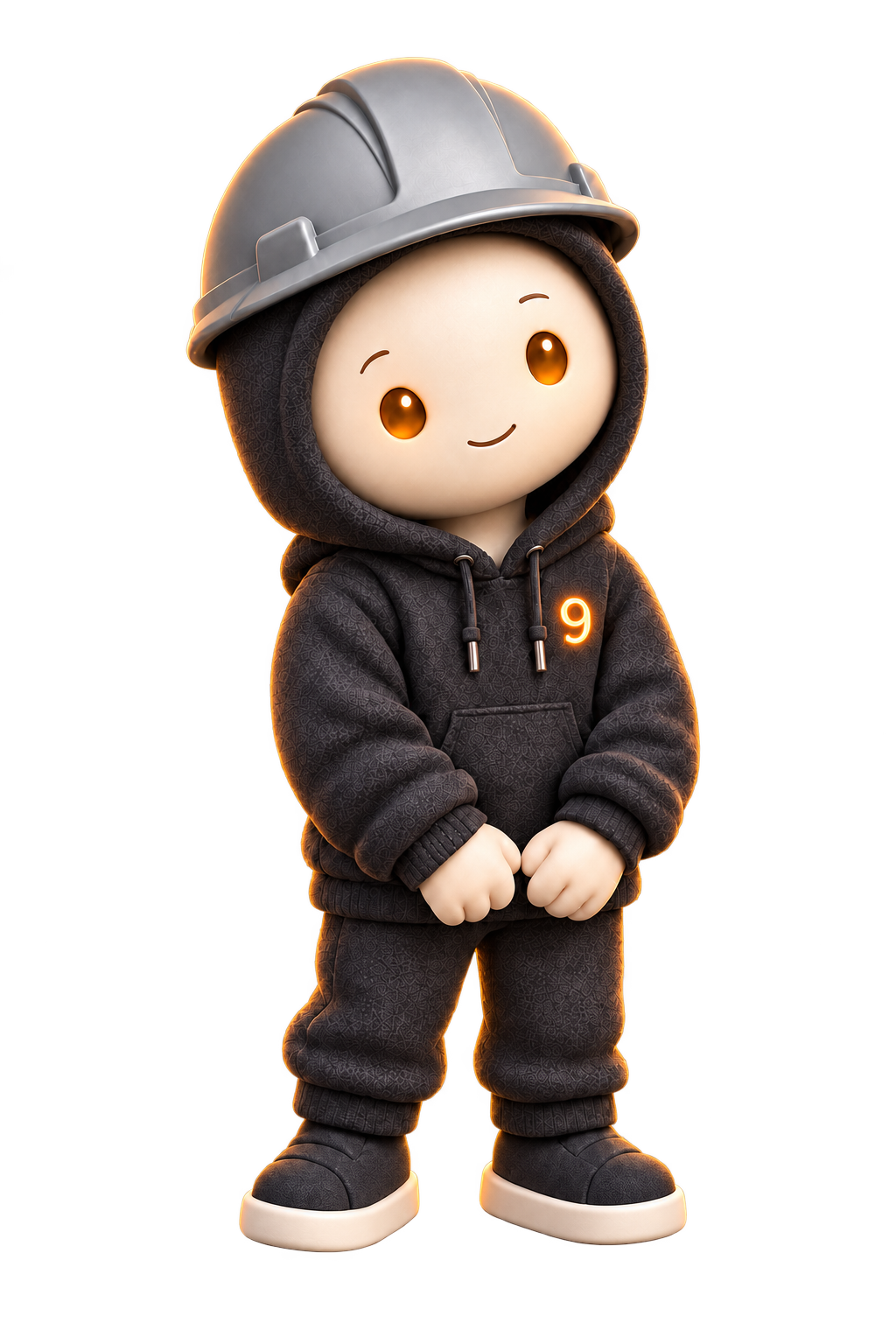 Envoy9 listening in a grey hardhat, with hands resting together and a gentle expression