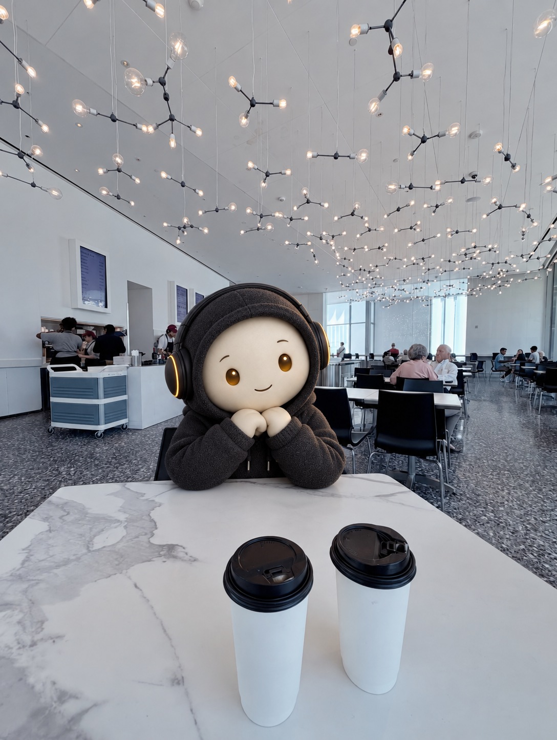 An AI-edited photograph of Café Leonelli in the MFAH Kinder Building, Houston. Envoy9, an ivory-faced character with amber eyes, a charcoal hoodie and amber-trimmed headphones, sits in the other chair across a marble table, smiling with his chin resting on his hands. Two takeaway latte cups sit in the foreground. Café visitors and staff occupy the bright room beneath a suspended installation of many glowing bulbs.