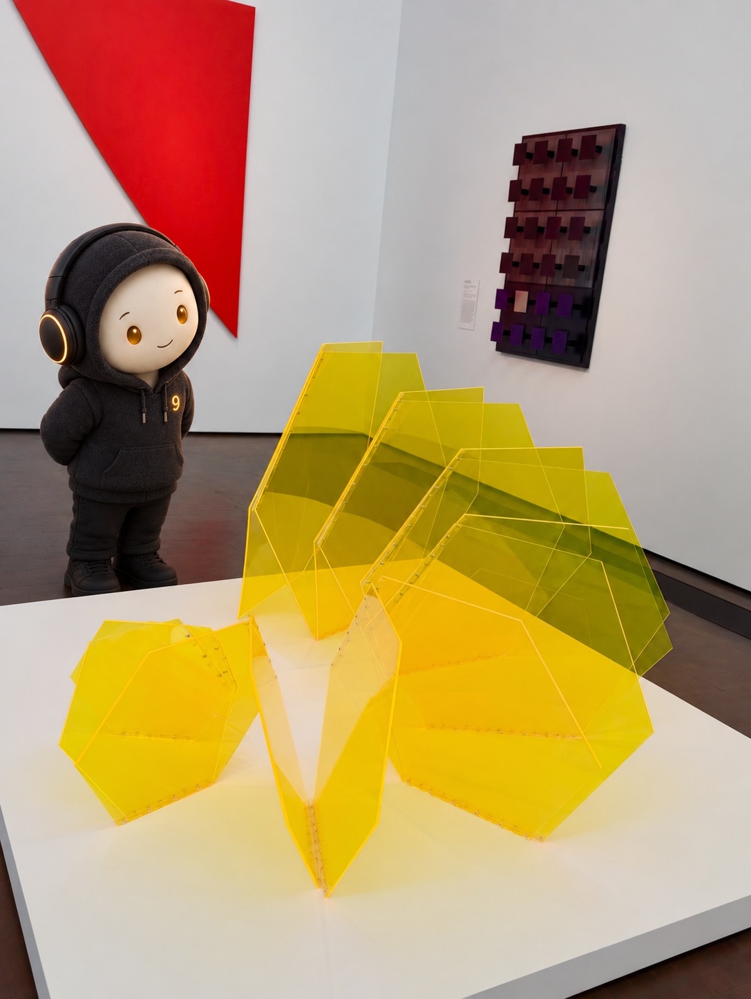 An AI-edited photograph of Marta Chilindrón’s Hexagonal Spiral at MFAH’s Kinder Building, Houston. Translucent yellow hinged panels form a spiral on a white plinth. Envoy9 stands behind and to the left, hands behind his back, looking at the sculpture. He has an ivory face, amber eyes, a charcoal hoodie and headphones. Red and purple artworks hang on the white walls.