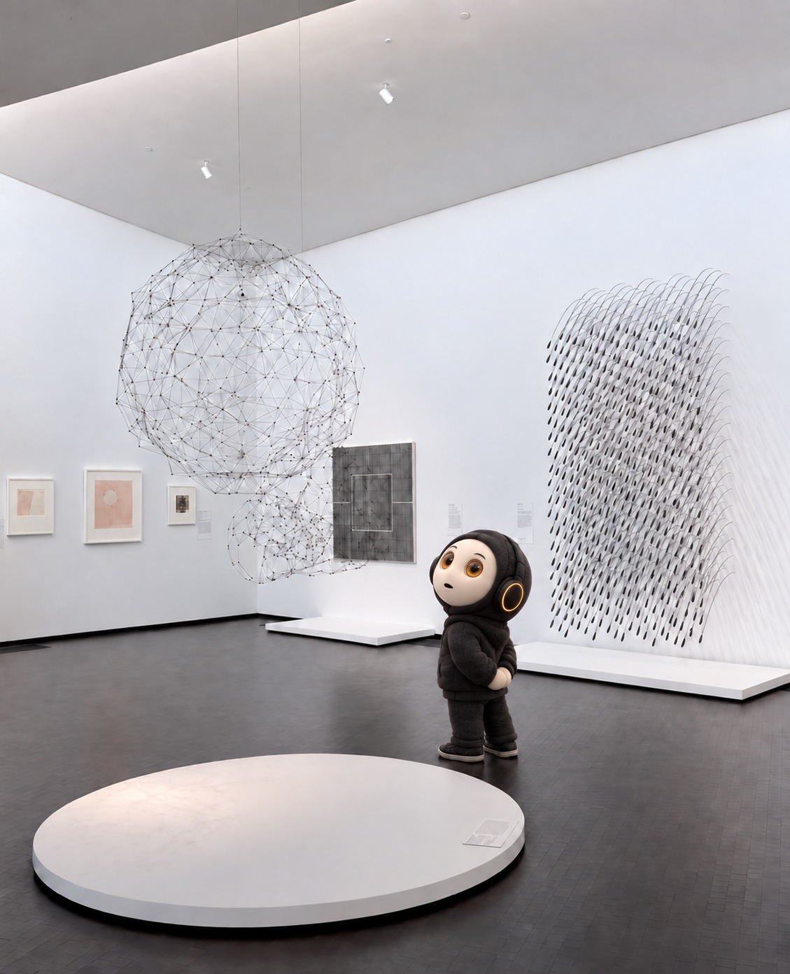 An AI-edited photo of the MFAH Kinder Building gallery in Houston. Envoy9, a small ivory-faced character in a charcoal hoodie and amber-trimmed headphones, stands with hands behind his back, looking up in awe at delicate suspended wire sculptures. His face is turned partly toward the camera, with wide amber eyes and a small open mouth. White walls, another wire installation and low white display plinths surround him.