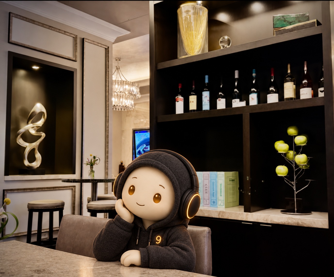 An AI-edited photograph of the concierge lounge at The Post Oak Hotel at Uptown Houston. Envoy9 sits across a marble table in an upholstered chair, smiling with his ivory cheek resting in one hand. He has amber eyes, a charcoal hoodie with a gold 9 and amber-trimmed headphones. Behind him are dark shelves with bottles and boxed games, a decorative green apple tree, a chandelier and an abstract sculpture in a lit niche.