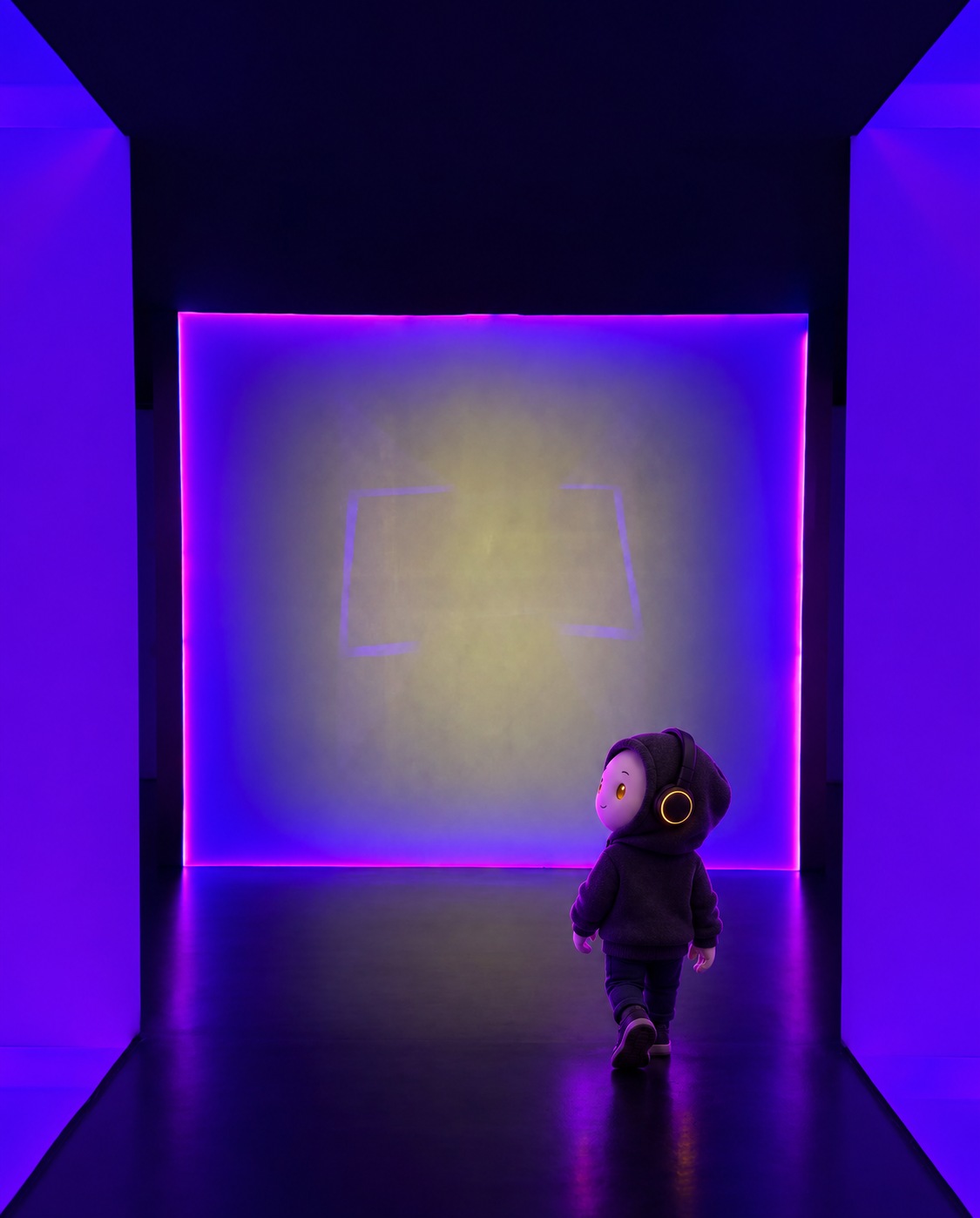 An AI-edited photograph of James Turrell’s The Light Inside in the Wilson Tunnel at MFAH, Houston. Violet-lit walls flank a dark reflective floor leading toward a luminous rectangle edged in magenta. Envoy9 walks away from the camera near the right side, turning his ivory face toward the light. His charcoal hoodie and amber-trimmed headphones catch the purple glow.
