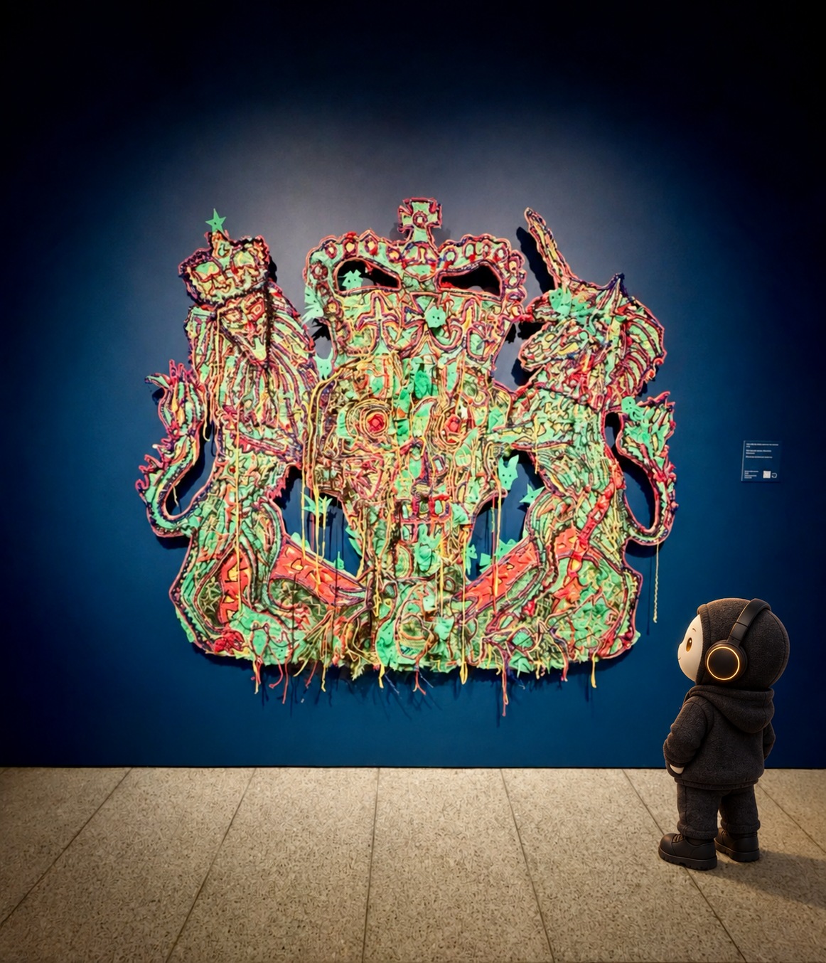 An AI-edited photograph of Hew Locke’s Veni, Vidi, Vici (The Queen’s Coat of Arms) at the Museum of Fine Arts, Houston. A densely layered, brightly colored royal coat of arms hangs against a dark blue wall, with a lion, unicorn, crown and dangling strands. Envoy9 stands at the lower right on the tiled floor, seen from behind and in profile, looking up at the artwork. He wears a charcoal hoodie and amber-trimmed headphones.